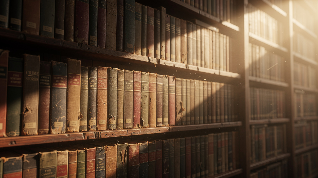 Old library bookshelf filled with worn mystery novels