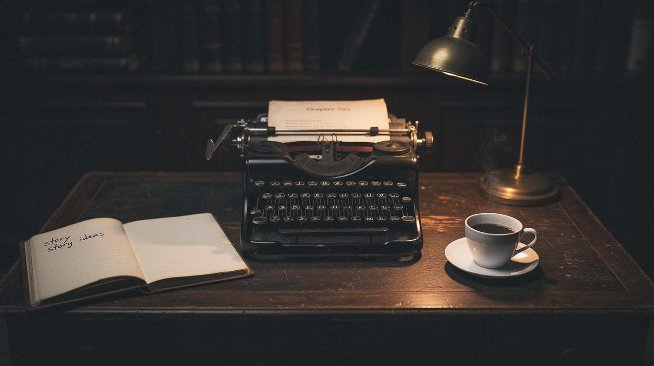 Moody writer's desk with vintage typewriter and notebook